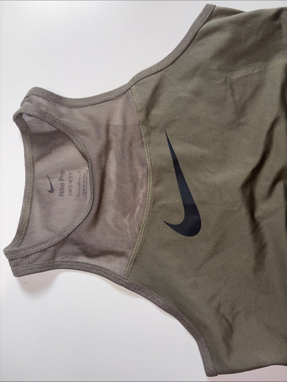 Nike Pro Dri-Fit Olive Green High Neck Sports Crop Top with Black Swoosh - Picture 2 of 3
